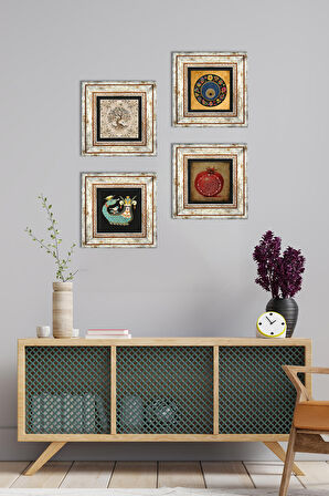 Nazar, Bereket Duası, Şahmeran, Hayat Ağacı Taş Duvar Tablosu Çerçeveli Duvar Dekoru 4 Parça Tablo Seti Wall Art