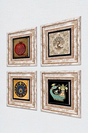 Nazar, Bereket Duası, Şahmeran, Hayat Ağacı Taş Duvar Tablosu Çerçeveli Duvar Dekoru 4 Parça Tablo Seti Wall Art
