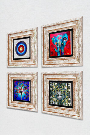 Nazar, Fil, Hayat Ağacı Taş Duvar Tablosu Çerçeveli Duvar Dekoru 4 Parça Tablo Seti Wall Art