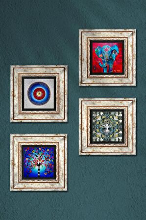Nazar, Fil, Hayat Ağacı Taş Duvar Tablosu Çerçeveli Duvar Dekoru 4 Parça Tablo Seti Wall Art