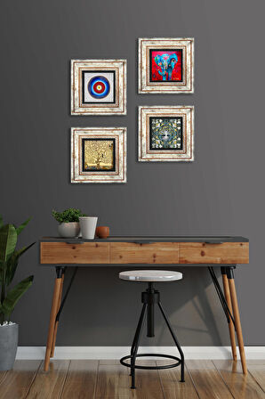 Nazar, Hayat Ağacı, Fil Taş Duvar Tablosu Çerçeveli Duvar Dekoru 4 Parça Tablo Seti Wall Art