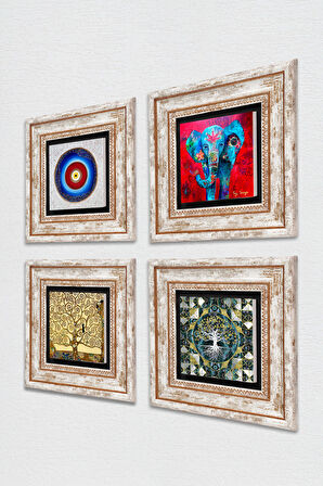Nazar, Hayat Ağacı, Fil Taş Duvar Tablosu Çerçeveli Duvar Dekoru 4 Parça Tablo Seti Wall Art