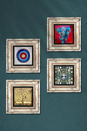 Nazar, Hayat Ağacı, Fil Taş Duvar Tablosu Çerçeveli Duvar Dekoru 4 Parça Tablo Seti Wall Art