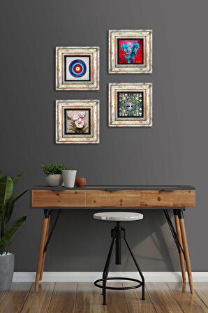 Nazar, Hayat Ağacı, Fil, Kelebekli Çiçek Taş Duvar Tablosu Çerçeveli Duvar Dekoru 4 Parça Tablo Seti Wall Art