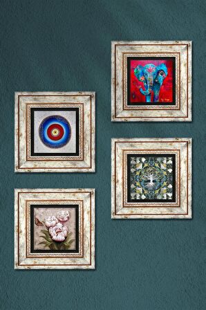 Nazar, Hayat Ağacı, Fil, Kelebekli Çiçek Taş Duvar Tablosu Çerçeveli Duvar Dekoru 4 Parça Tablo Seti Wall Art