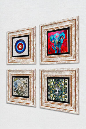 Nazar, Hayat Ağacı, Fil, Kelebekli Çiçek Taş Duvar Tablosu Çerçeveli Duvar Dekoru 4 Parça Tablo Seti Wall Art