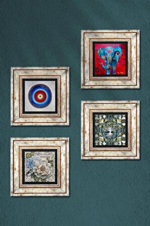 Nazar, Hayat Ağacı, Fil, Kelebekli Çiçek Taş Duvar Tablosu Çerçeveli Duvar Dekoru 4 Parça Tablo Seti Wall Art