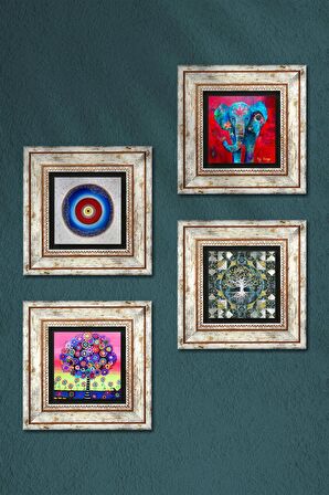 Nazar, Fil, Hayat Ağacı Taş Duvar Tablosu Çerçeveli Duvar Dekoru 4 Parça Tablo Seti Wall Art