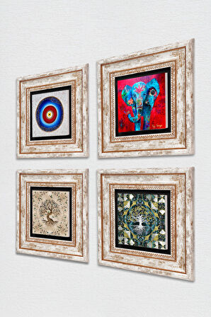 Nazar, Fil, Hayat Ağacı Taş Duvar Tablosu Çerçeveli Duvar Dekoru 4 Parça Tablo Seti Wall Art