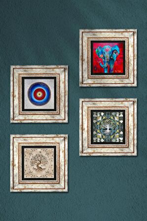 Nazar, Fil, Hayat Ağacı Taş Duvar Tablosu Çerçeveli Duvar Dekoru 4 Parça Tablo Seti Wall Art