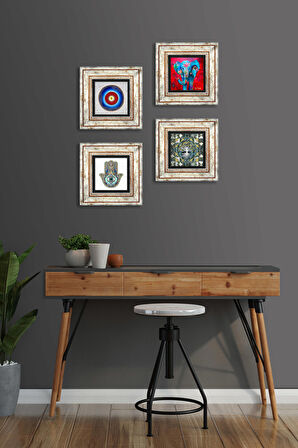 Nazar, Hayat Ağacı, Fil, Fatma Ana Eli (Hamsa) Taş Duvar Tablosu Çerçeveli Duvar Dekoru 4 Parça Tablo Seti Wall Art