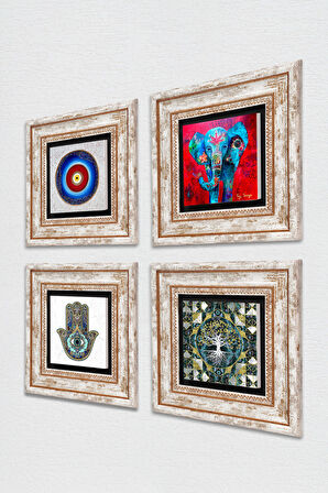 Nazar, Hayat Ağacı, Fil, Fatma Ana Eli (Hamsa) Taş Duvar Tablosu Çerçeveli Duvar Dekoru 4 Parça Tablo Seti Wall Art