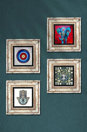 Nazar, Hayat Ağacı, Fil, Fatma Ana Eli (Hamsa) Taş Duvar Tablosu Çerçeveli Duvar Dekoru 4 Parça Tablo Seti Wall Art