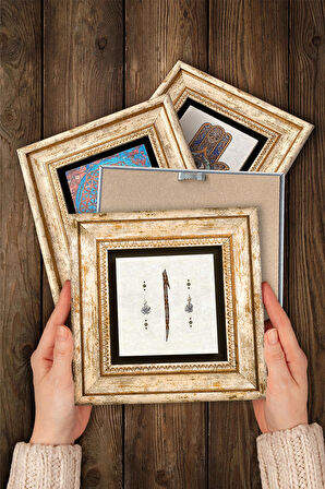 Nas Suresi, Hırka-i Şerif, Vav, Elif Taş Duvar Tablosu Çerçeveli Duvar Dekoru 4 Parça Tablo Seti Wall Art