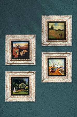 Salvador Dalí, Van Gogh, Claude Monet Taş Duvar Tablosu Çerçeveli Duvar Dekoru 4 Parça Tablo Seti Wall Art
