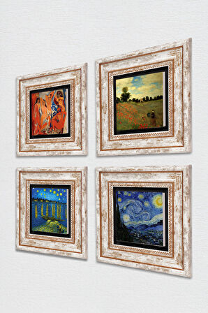 Picasso, Claude Monet, Van Gogh Taş Duvar Tablosu Çerçeveli Duvar Dekoru 4 Parça Tablo Seti Wall Art