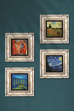 Picasso, Claude Monet, Van Gogh Taş Duvar Tablosu Çerçeveli Duvar Dekoru 4 Parça Tablo Seti Wall Art