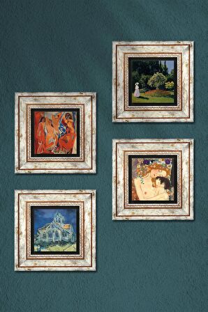 Picasso, Van Gogh, Claude Monet, Gustav Klimt Taş Duvar Tablosu Çerçeveli Duvar Dekoru 4 Parça Tablo Seti Wall Art