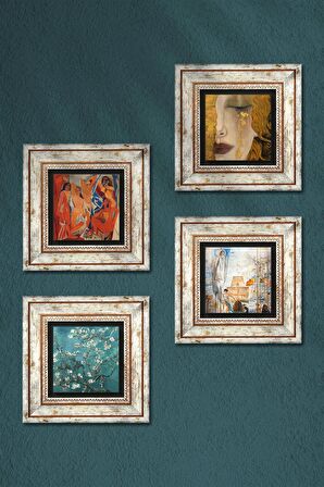 Salvador Dalí, Picasso, Van Gogh, Gustav Klimt Taş Duvar Tablosu Çerçeveli Duvar Dekoru 4 Parça Tablo Seti Wall Art