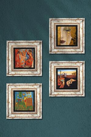 Salvador Dalí, Picasso, Van Gogh, Gustav Klimt Taş Duvar Tablosu Çerçeveli Duvar Dekoru 4 Parça Tablo Seti Wall Art