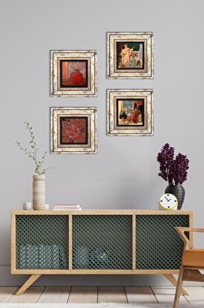 Desen, Nar, Satranç Oyunu, İki Müzisyen Kız Tablosu Taş Duvar Tablosu Çerçeveli Duvar Dekoru 4 Parça Tablo Seti Wall Art