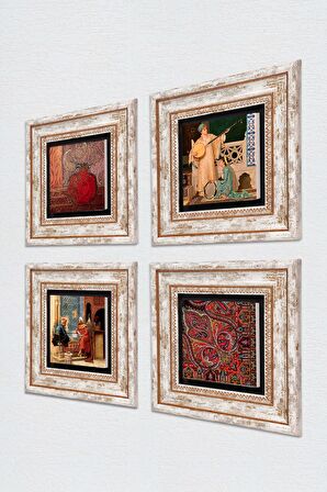 Desen, Nar, Satranç Oyunu, İki Müzisyen Kız Tablosu Taş Duvar Tablosu Çerçeveli Duvar Dekoru 4 Parça Tablo Seti Wall Art