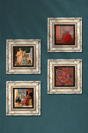 Desen, Nar, Satranç Oyunu, İki Müzisyen Kız Tablosu Taş Duvar Tablosu Çerçeveli Duvar Dekoru 4 Parça Tablo Seti Wall Art