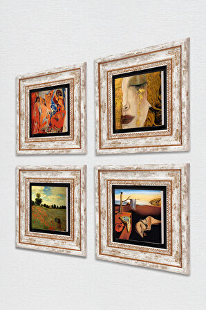 Salvador Dalí, Picasso, Claude Monet, Gustav Klimt Taş Duvar Tablosu Çerçeveli Duvar Dekoru 4 Parça Tablo Seti Wall Art