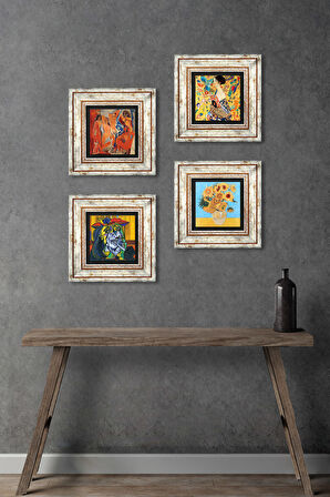 Picasso, Van Gogh, Gustav Klimt Taş Duvar Tablosu Çerçeveli Duvar Dekoru 4 Parça Tablo Seti Wall Art