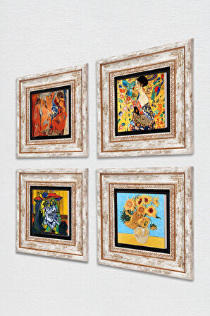 Picasso, Van Gogh, Gustav Klimt Taş Duvar Tablosu Çerçeveli Duvar Dekoru 4 Parça Tablo Seti Wall Art