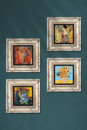 Picasso, Van Gogh, Gustav Klimt Taş Duvar Tablosu Çerçeveli Duvar Dekoru 4 Parça Tablo Seti Wall Art