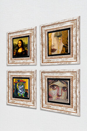 Picasso Ağlayan, Çingene Kızı, Gustav Klimt, Leonardo da Vinci Taş Duvar Tablosu Çerçeveli Duvar Dekoru 4 Parça Tablo Seti Wall Art