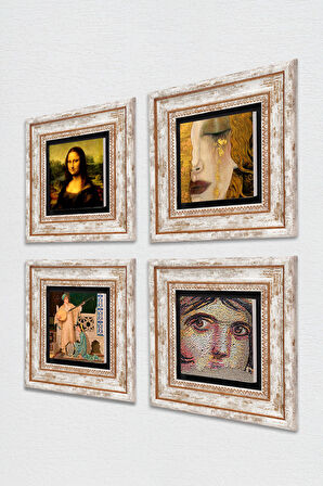Çingene Kızı, Gustav Klimt, İki Müzisyen Kız, Leonardo da Vinci Taş Duvar Tablosu Çerçeveli Duvar Dekoru 4 Parça Tablo Seti Wall Art