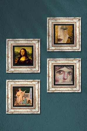 Çingene Kızı, Gustav Klimt, İki Müzisyen Kız, Leonardo da Vinci Taş Duvar Tablosu Çerçeveli Duvar Dekoru 4 Parça Tablo Seti Wall Art