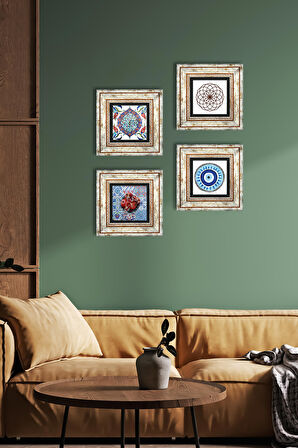 Nazar, Yaşam Çiçeği, Çini Sanatı, Nar Taş Duvar Tablosu Çerçeveli Duvar Dekoru 4 Parça Tablo Seti Wall Art