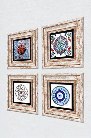Nazar, Yaşam Çiçeği, Çini Sanatı, Nar Taş Duvar Tablosu Çerçeveli Duvar Dekoru 4 Parça Tablo Seti Wall Art