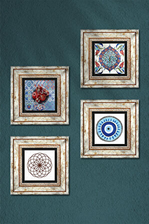 Nazar, Yaşam Çiçeği, Çini Sanatı, Nar Taş Duvar Tablosu Çerçeveli Duvar Dekoru 4 Parça Tablo Seti Wall Art