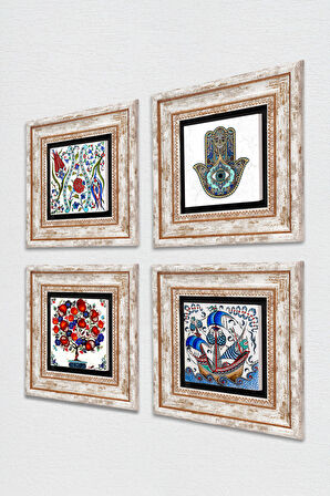 Çini Sanatı Yelkenli Gemi, Lale, Nar Ağacı, Fatma Ana Eli (Hamsa) Taş Duvar Tablosu Çerçeveli Duvar Dekoru 4 Parça Tablo Seti Wall Art
