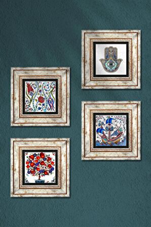 Çini Sanatı Yelkenli Gemi, Lale, Nar Ağacı, Fatma Ana Eli (Hamsa) Taş Duvar Tablosu Çerçeveli Duvar Dekoru 4 Parça Tablo Seti Wall Art