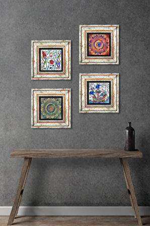 Mandala, Lale, Çini Sanatı Yelkenli Gemi Taş Duvar Tablosu Çerçeveli Duvar Dekoru 4 Parça Tablo Seti Wall Art