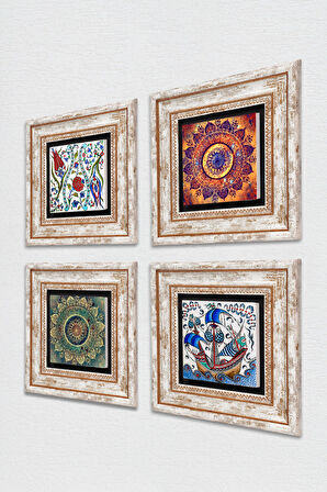 Mandala, Lale, Çini Sanatı Yelkenli Gemi Taş Duvar Tablosu Çerçeveli Duvar Dekoru 4 Parça Tablo Seti Wall Art