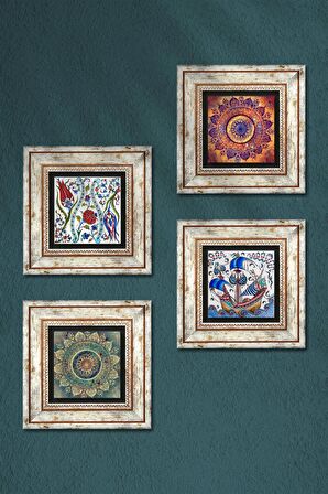 Mandala, Lale, Çini Sanatı Yelkenli Gemi Taş Duvar Tablosu Çerçeveli Duvar Dekoru 4 Parça Tablo Seti Wall Art