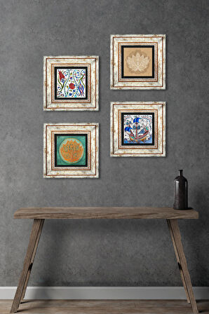 Çini Sanatı Yelkenli Gemi, Lale, Lotus Çiçeği Taş Duvar Tablosu Çerçeveli Duvar Dekoru 4 Parça Tablo Seti Wall Art