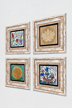 Çini Sanatı Yelkenli Gemi, Lale, Lotus Çiçeği Taş Duvar Tablosu Çerçeveli Duvar Dekoru 4 Parça Tablo Seti Wall Art