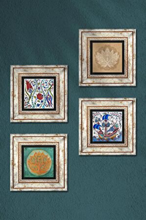 Çini Sanatı Yelkenli Gemi, Lale, Lotus Çiçeği Taş Duvar Tablosu Çerçeveli Duvar Dekoru 4 Parça Tablo Seti Wall Art