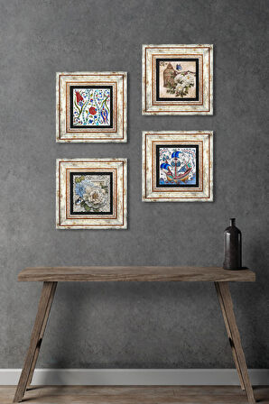 Çini Sanatı Yelkenli Gemi, Lale, Kelebekli Çiçek Taş Duvar Tablosu Çerçeveli Duvar Dekoru 4 Parça Tablo Seti Wall Art