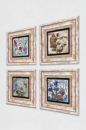 Çini Sanatı Yelkenli Gemi, Lale, Kelebekli Çiçek Taş Duvar Tablosu Çerçeveli Duvar Dekoru 4 Parça Tablo Seti Wall Art