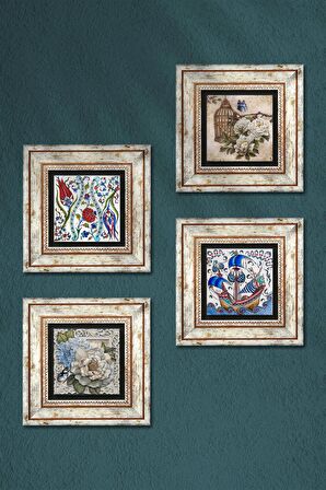 Çini Sanatı Yelkenli Gemi, Lale, Kelebekli Çiçek Taş Duvar Tablosu Çerçeveli Duvar Dekoru 4 Parça Tablo Seti Wall Art