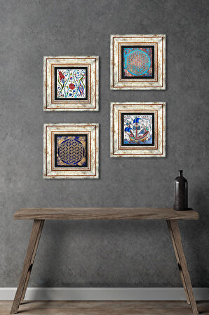 Çini Sanatı Yelkenli Gemi, Lale, Yaşam Çiçeği Taş Duvar Tablosu Çerçeveli Duvar Dekoru 4 Parça Tablo Seti Wall Art