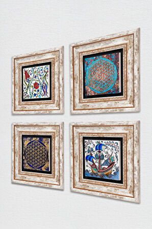 Çini Sanatı Yelkenli Gemi, Lale, Yaşam Çiçeği Taş Duvar Tablosu Çerçeveli Duvar Dekoru 4 Parça Tablo Seti Wall Art